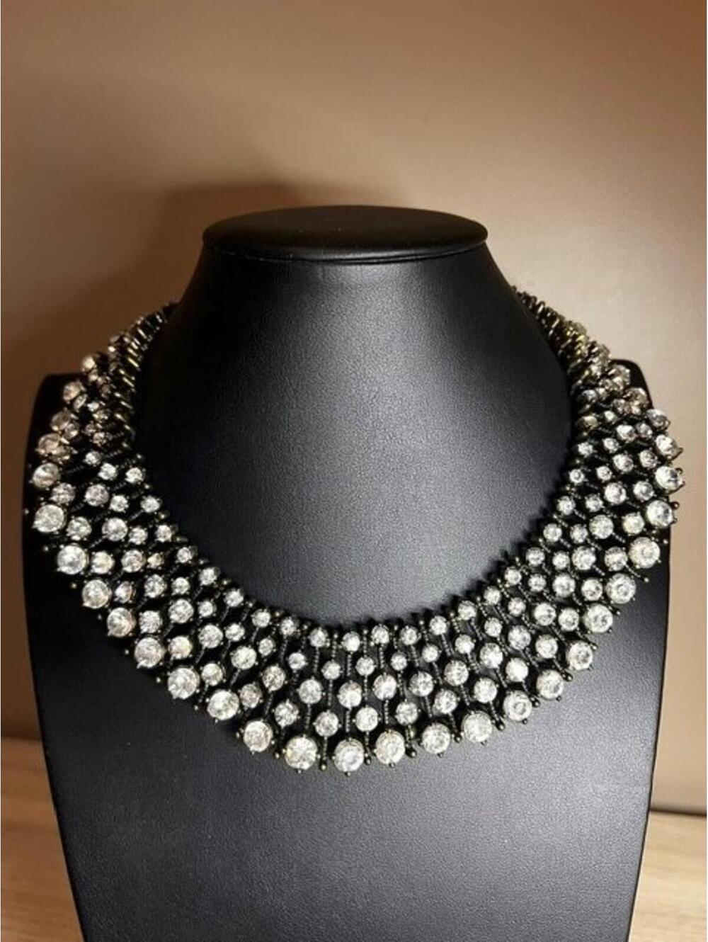 B5090 ZARA Statement Choker Necklace 15-18" Rhinestone Crystal Antiqued Goldtone